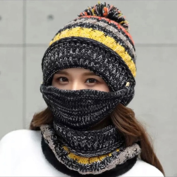 Hat with Mask combo Black Multi Color Winter Hat Pom Pom Beanie Fleece lined - Picture 1 of 4